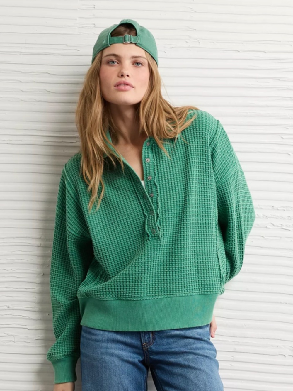 American Eagle- Big Hug Waffle Henley Sweatshirt-'Gatsby Green' Small